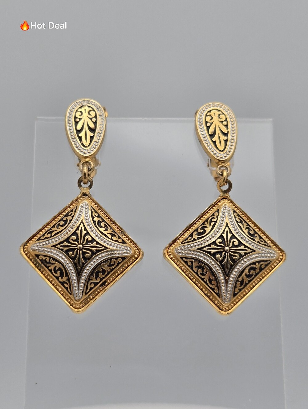 Vintage Spanish Damascene Toledo Drop Earrings Gold Black 1.5"